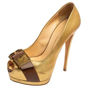 Pre Owned Giuseppe Zanotti Gold Leather Peep Toe Buckle Platform Pumps Size 38