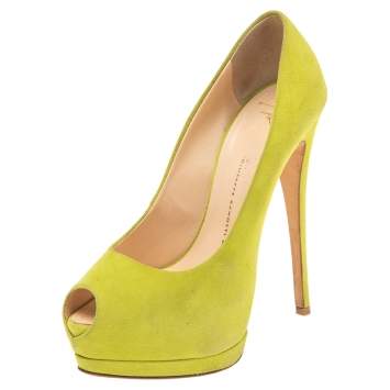 Pre Owned  Giuseppe Zanotti Green Suede Sharon Peep-Toe Platform Pumps Size 38