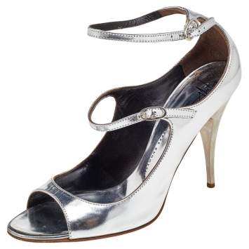 Pre Owned Giuseppe Zanotti Metallic Silver Leather Ankle Strap Pumps Size 38.5