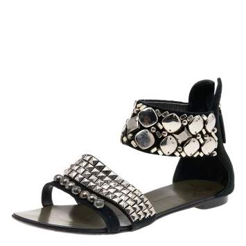 Pre Owned Giuseppe Zanotti Black Suede Studded Ankle Cuff Flat Sandals Size 36