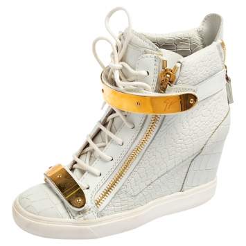 Pre Owned Giuseppe Zanotti White Croc Embossed Leather Coby High-Top Sneakers Size 38