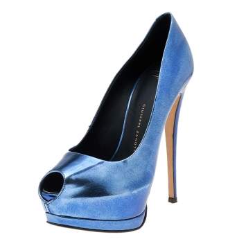 Pre Owned Giuseppe Zanotti Metallic Blue Leather Peep Toe Platform Pumps Size 36