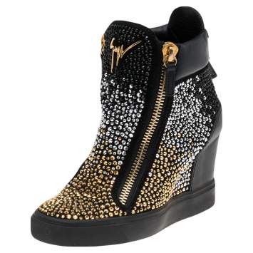 مملوكة مسبقًا Giuseppe Zanotti Black Suede And Leather Crystal Embellished Suede Wedge Sneakers Size 35