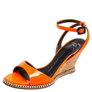Pre Owned Giuseppe Zanotti Orange Patent Leather Ankle-Strap Chain Wedge Sandals Size 38.5 