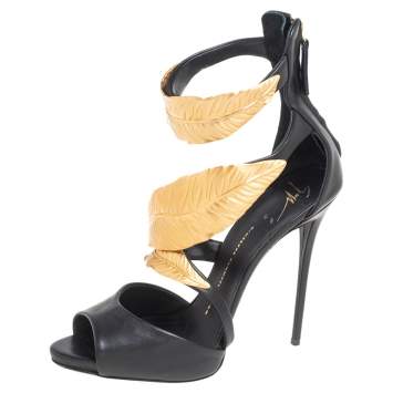 Pre Owned Giuseppe Zanotti Black Leather Gold-Toned Metal Embellished Leaf Ankle-Strap Sandals Size 40