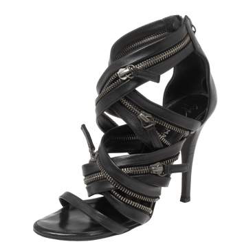 Pre Owned Giuseppe Zanotti For Pierre Balmain Black Leather Zip-Embellished Sandals Size 36.5