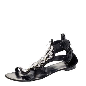 Pre Owned Giuseppe Zanotti Black Leather Crystal Embellished Ankle Strap Flat Sandals Size 36 