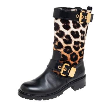 Pre Owned Giuseppe Zanotti Black/Beige Calf Hair and Leather Mid Calf  Boots Size 39
