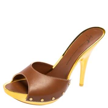 Pre Owned Giuseppe Zanotti Brown/Gold Leather Slide Clogs Size 41