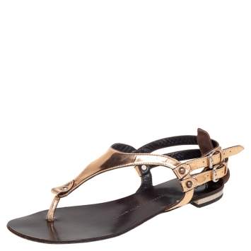 Pre Owned Giuseppe Zanotti Metallic Bronze Leather Flat Sandals Size 37.5