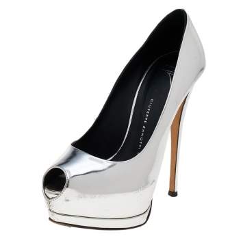 Pre Owned Giuseppe Zanotti Metallic Silver Leather Sharon Peep Toe Platform Pumps Size 36