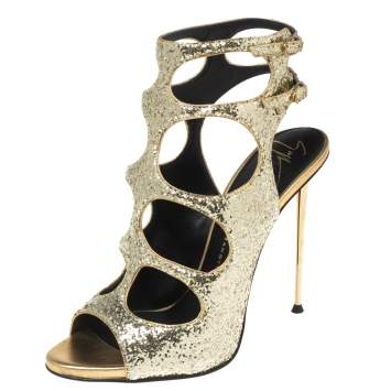 Pre Owned Giuseppe Zanotti Gold Glitter Cutout Ankle Sandals Size 37