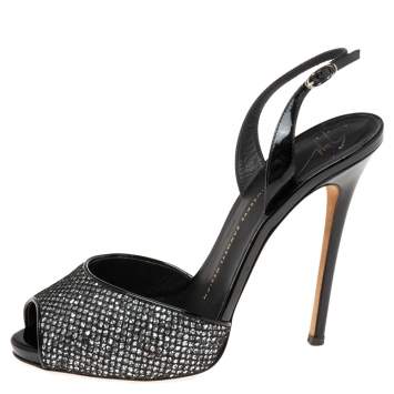 Pre Owned Giuseppe Zanotti Silver/Black Glitter And Patent Peep Toe Slingback Sandals Size 39