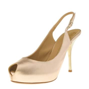 Pre Owned Giuseppe Zanotti Metallic Beige Leather Slingback Peep Toe Sandals Size 38.5