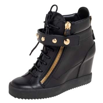 Pre Owned Giuseppe Zanotti Black Leather Wedge Sneakers Size 40