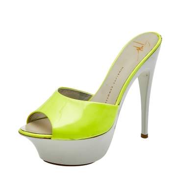 Pre Owned Giuseppe Zanotti Neon Yellow Patent Leather Platform Sandals Size 35