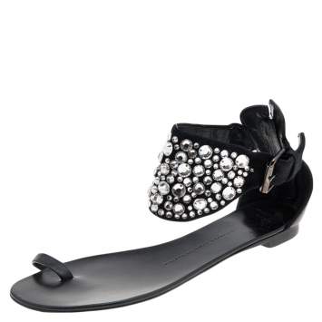 Pre Owned Giuseppe Zanotti Black Satin And Leather Embellished Ankle Wrap Flat Sandals Size 37