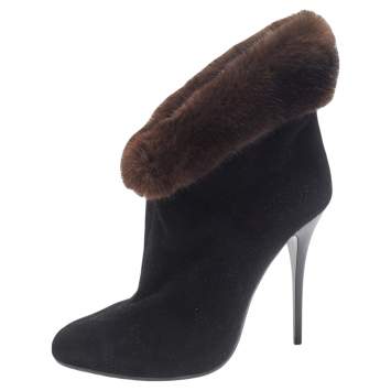 Pre Owned Giuseppe Zanotti Black Suede And Fur Trimmed Ankle Boots Size 38.5