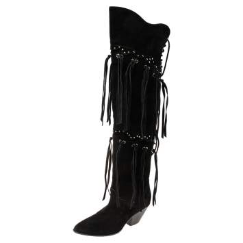 Pre Owned Giuseppe Zanotti Black Suede Lace Up Cowboy Over The Knee Boots Size 39.5