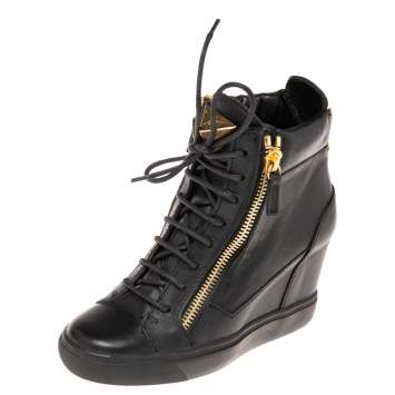 Pre Owned Giuseppe Zanotti Black Leather Double Zip Wedge Sneakers Size 37