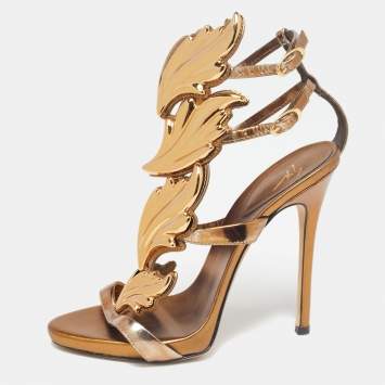Pre Owned Giuseppe Zanotti Bronze Leather Argent Metal Wing Ankle-Strap Sandals Size 35