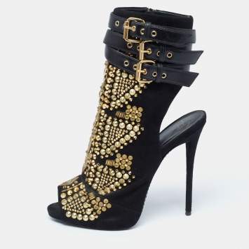 Pre Owned Giuseppe Zanotti Black Suede And Leather Studded Cutout Peep Toe Ankle Boots Size 38