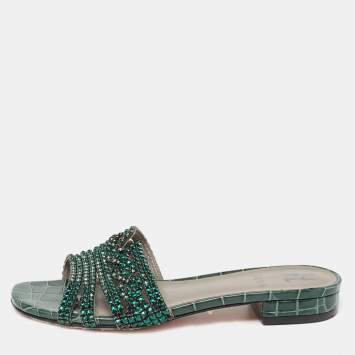 Pre Owned Gina Green Croc Embossed Patent Leather Crystal Embellished Sandals Size 38.5