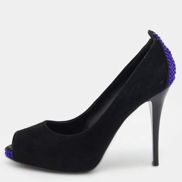 Pre Owned Giuseppe Zanotti Black Suede Embellished Peep Toe Pumps Size 36