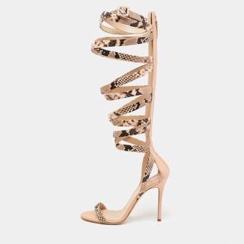 Pre Owned Giuseppe Zanotti Beige/Pink Python Embossed Leather Gladiator Sandals Size 37