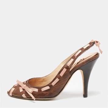 Pre Owned Giuseppe Zanotti Brown Croc Embossed Leather Bow Slingback Sandals Size 34