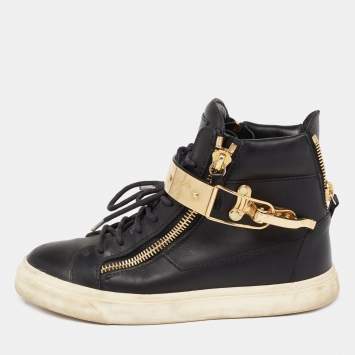 Pre Owned Giuseppe Zanotti Black/Gold  Leather Coby High Top Sneakers Size 37