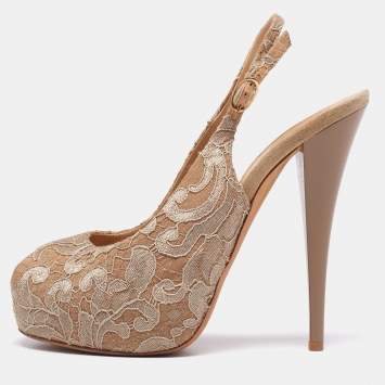 Pre Owned Giuseppe Zanotti Beige Lace Peep-Toe Slingback Sandals Size 40.5