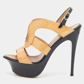 Pre Owned Giuseppe Zanotti Beige/Black Patent Leather Platform Ankle Strap Sandals Size 37