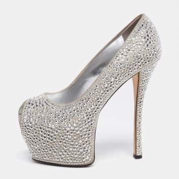 مملوكة مسبقًا Giuseppe Zanotti Grey Suede Crystal Embellished Peep Toe Platform Pumps Size 36