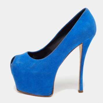 Pre Owned  Giuseppe Zanotti Blue Suede  Sharon Peep Toe Platform Pumps Size 36.5