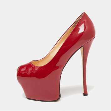 Pre Owned Giuseppe Zanotti Red Patent Leather Liza Peep-Toe Platform Pumps Size 36