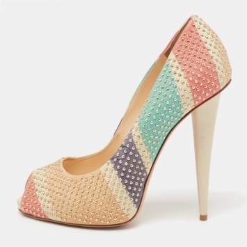 مملوكة مسبقًا Giuseppe Zanotti Multicolor Studded Leather Peep-Toe Pumps Size 38