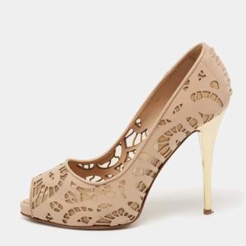 Pre Owned Giuseppe Zanotti Beige Leather And Net Sharon Peep-Toe Pumps Size 36.5