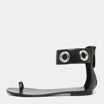 Pre Owned Giuseppe Zanotti Black Leather Eyelet Ankle Cuff Flat Sandals Size 38