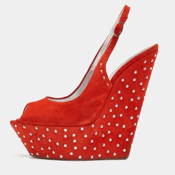 Pre Owned Giuseppe Zanotti Orange Suede Studded Wedge Sandals Size 39