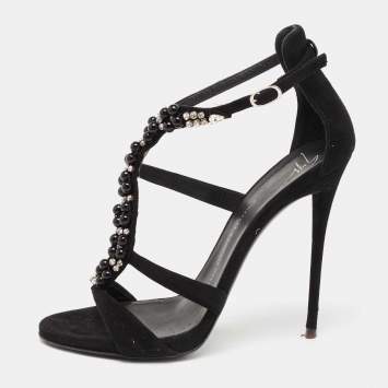 Pre Owned Giuseppe Zanotti Black Suede Crystal Embellished T-Strap Sandals Size 39