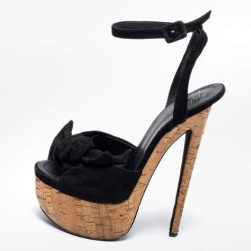Pre Owned Giuseppe Zanotti Black Suede Denny Cork Platform Bow Ankle Strap Sandals Size 40