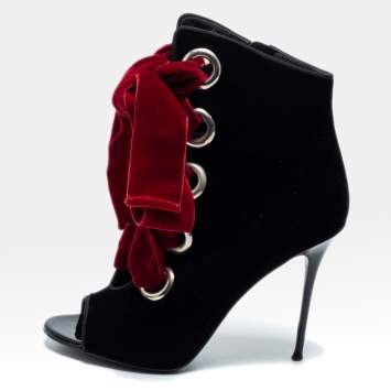 Pre Owned Giuseppe Zanotti Black And Red Velvet Cut Out Peep Toe Tie Up Ankle Boots Size 40