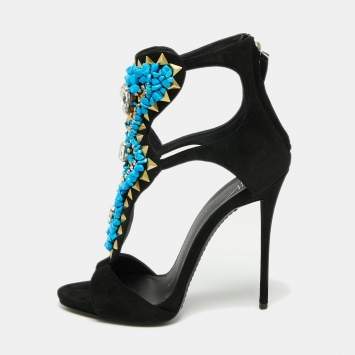 Pre Owned Giuseppe Zanotti Black Suede Crystal Turquoise Stone Embellished Cut Out Sandals Size 37