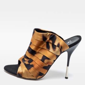 Pre Owned Giuseppe Zanotti Brown/Black Satin Slide Mule Sandals Size 38.5