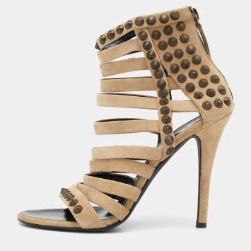 Pre Owned Giuseppe Zanotti For Pierre Balmain Beige Suede Studded Strappy Sandals Size 40