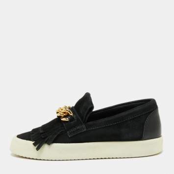 Pre Owned Giuseppe Zanotti Black Suede Fringed Slip On Sneakers Size 40