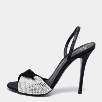 Pre Owned Giuseppe Zanotti Black/White Leather And Suede Crystal Embellished Allen Slingback Sandals Size 37
