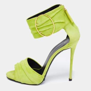 Pre Owned  Giuseppe Zanotti Green Suede Open Toe Ankle Cuff Sandals  Size 37.5