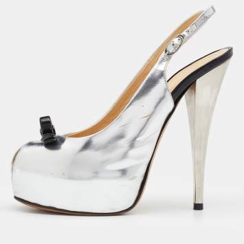 Pre Owned Giuseppe Zanotti Silver/Black Leather Bow Platform Slingback Sandals Size 38